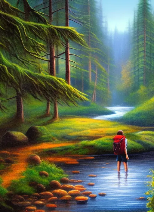 The image shows a lone traveler standing at the edge of a river, with a backpack on his back and a staff in his right hand. Around him, a lush forest made of mushrooms extends towards the horizon, filling the landscape with a dim and mysterious light. The mushrooms are of vibrant and varied colors, creating a hypnotic and hallucinatory effect.

The traveler appears to be contemplating the mushroom forest with awe and caution, as if he is preparing to venture into an unknown and dangerous territory. Behind him, a small tent is set up in a clear area among the mushrooms.

In the sky, a pale and golden sun begins to set behind a line of distant giant mushrooms