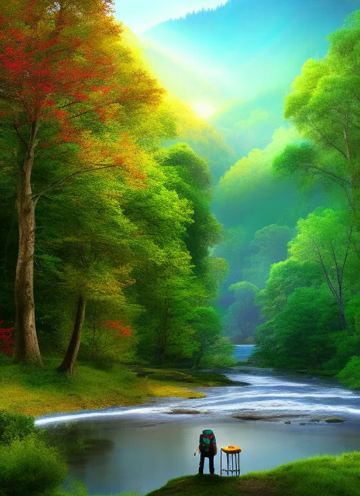 The image shows a lone traveler standing at the edge of a river, with a backpack on his back and a staff in his right hand. Around him, a lush forest made of mushrooms extends towards the horizon, filling the landscape with a dim and mysterious light. The mushrooms are of vibrant and varied colors, creating a hypnotic and hallucinatory effect.

The traveler appears to be contemplating the mushroom forest with awe and caution, as if he is preparing to venture into an unknown and dangerous territory. Behind him, a small tent is set up in a clear area among the mushrooms.

In the sky, a pale and golden sun begins to set behind a line of distant giant mushrooms

Make it psychedelic style