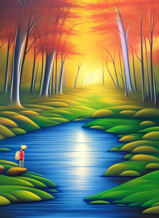  a lone traveler standing at the edge of a river, with a backpack on his back and a staff in his right hand. Around him, a lush forest made of mushrooms instead of trees extends towards the horizon, filling the landscape with a dim and mysterious light. The mushrooms are of vibrant and varied colors, creating a hypnotic and hallucinatory effect.

The traveler appears to be contemplating the mushroom forest with awe and caution, as if he is preparing to venture into an unknown and dangerous territory.

Make it psychedelic style