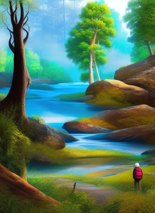  a lone traveler standing at the edge of a river, with a backpack on his back and a staff in his right hand. Around him, a lush forest made of mushrooms instead of trees extends towards the horizon, filling the landscape with a dim and mysterious light. The mushrooms are of vibrant and varied colors, creating a hypnotic and hallucinatory effect.

The traveler appears to be contemplating the mushroom forest with awe and caution, as if he is preparing to venture into an unknown and dangerous territory.

Make it futuristic style