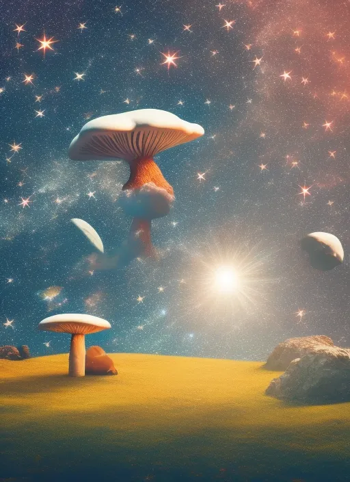  a lone astronaut is floating in the vast space surrounded by stars and galaxies with the shape of magic mushrooms, the image reflects a feeling of wonder about the uncertainty, over the horizon a Shiny sun is creating a hallucinatory landscape

Make it realistic 
