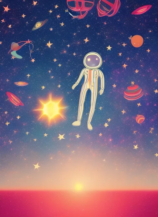  a lone astronaut is floating in the vast space surrounded by stars and galaxies with the shape of magic mushrooms, the image reflects a feeling of wonder about the uncertainty, over the horizon a Shiny sun is creating a hallucinatory landscape
In a futuristic style
