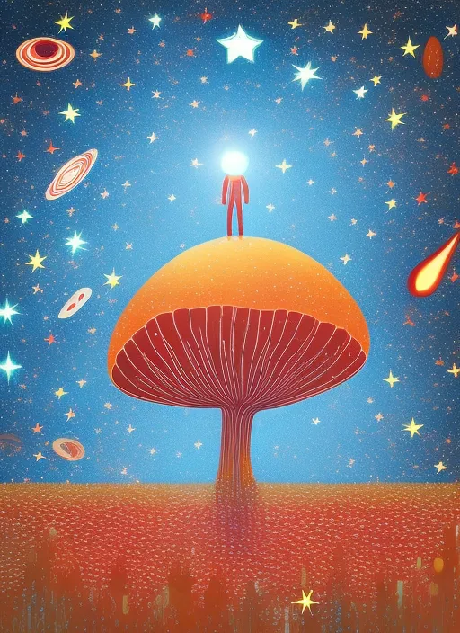  a lone astronaut is floating in the vast space surrounded by stars and galaxies with the shape of magic mushrooms, the image reflects a feeling of wonder about the uncertainty, over the horizon a Shiny sun is creating a hallucinatory landscape
In a futuristic style