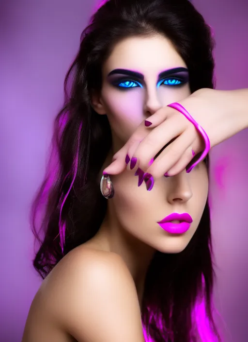 MJJRny-V5, beauty model by Greg Rutkowski and Magali Villeneuve, beautiful MJJRny-V5, beauty model with dark hair and sky blue eyes by Greg Rutkowski and Magali Villeneuve, beautiful eyes, toned body, cinematic lighting, depth of field, photography. and gouche painting details A glam hot pink makeup photoshoot with magical sparkles and rhinestones diffused natural skin glow, Sōsaku hanga