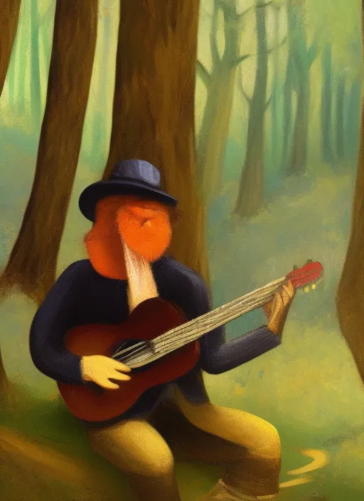 A musician with a hat in a forest playing the guitar
