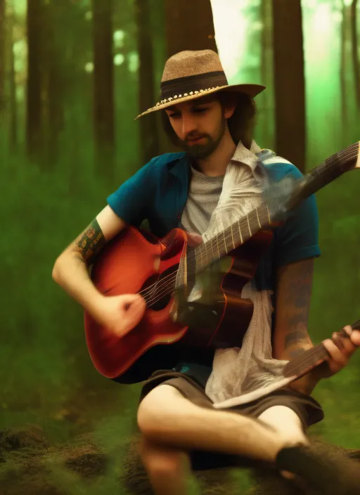 A musician with a hat in a forest playing the guitar ultra hd 4k
