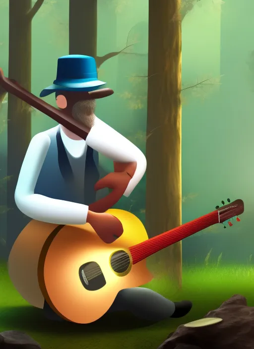 A musician with a hat in a forest playing the guitar ultra hd 4k realistic
