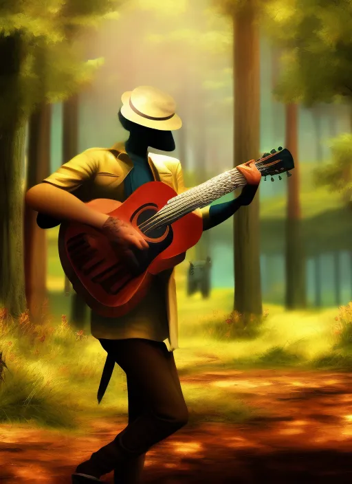 A musician with a hat in a forest playing the guitar ultra hd 4k realistic
