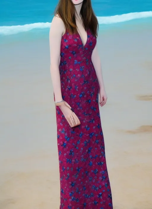 Alexandra Daddario in an attractive dress in the beach