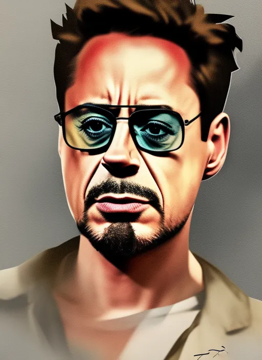 Create a medium shot colored digital line art render of robert downey jr. in the style of artists like Russ Mills, Sakimichan, Wlop, Loish, Artgerm, Darek Zabrocki, and Jean-Baptiste Monge, muted chinese ink painting scroll, muted colors, rice paper texture, splash paint. paper texture, and perfect shading, with dramatic lighting. The artwork should be centered, stylized, and elaborate, with a beautiful dress, gorgeous eyes, and a dynamic pose. TanvirTamim. rendered in 8K resolution for high-quality detail, trending on cgsociety, intricate, epic, cinematic, colorful background, concept art, dramatic lighting, high detail, highly detailed, hyper realistic, intricate, intricate sharp details, octane render, smooth, studio lighting, trending on artstation