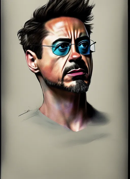 Create a medium shot colored digital line art render of robert downey jr. in the style of artists like Russ Mills, Sakimichan, Wlop, Loish, Artgerm, Darek Zabrocki, and Jean-Baptiste Monge, muted chinese ink painting scroll, muted colors, rice paper texture, splash paint. paper texture, and perfect shading, with dramatic lighting. The artwork should be centered, stylized, and elaborate, with a beautiful dress, gorgeous eyes, and a dynamic pose. TanvirTamim. rendered in 8K resolution for high-quality detail, trending on cgsociety, intricate, epic, cinematic, colorful background, concept art, dramatic lighting, high detail, highly detailed, hyper realistic, intricate, intricate sharp details, octane render, smooth, studio lighting, trending on artstation