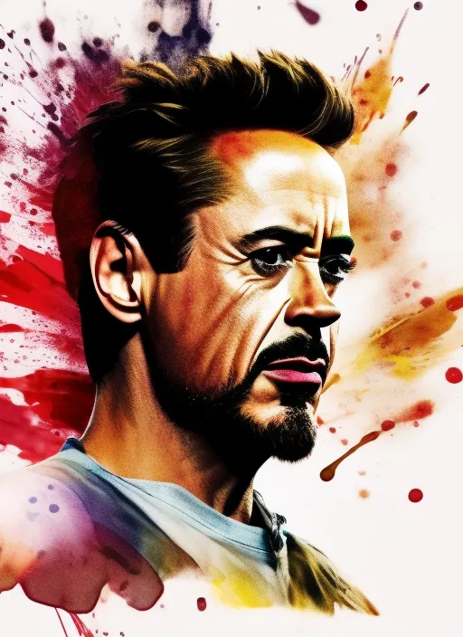 Create a medium shot colored digital line art render of robert downey jr. in the style of artists like Russ Mills, Sakimichan, Wlop, Loish, Artgerm, Darek Zabrocki, and Jean-Baptiste Monge, muted chinese ink painting scroll, muted colors, rice paper texture, splash paint. paper texture, and perfect shading, with dramatic lighting. The artwork should be centered, stylized, and elaborate, with a beautiful dress, gorgeous eyes, and a dynamic pose. TanvirTamim. rendered in 8K resolution for high-quality detail, trending on cgsociety, intricate, epic, cinematic, colorful background, concept art, dramatic lighting, high detail, highly detailed, hyper realistic, intricate, intricate sharp details, octane render, smooth, studio lighting, trending on artstation