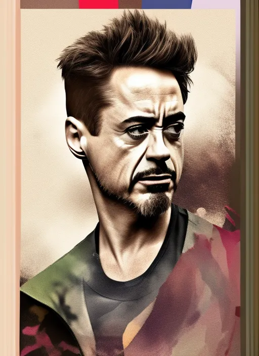 Create a medium full shot colored digital line art render of robert downey jr. in the style of artists like Russ Mills, Sakimichan, Wlop, Loish, Artgerm, Darek Zabrocki, and Jean-Baptiste Monge, muted chinese ink painting scroll, muted colors, rice paper texture, splash paint. paper texture, and perfect shading, with dramatic lighting. The artwork should be centered, stylized, and elaborate, with a beautiful dress, gorgeous eyes, and a dynamic pose. TanvirTamim. rendered in 8K resolution for high-quality detail, trending on cgsociety, intricate, epic, cinematic, colorful background, concept art, dramatic lighting, high detail, highly detailed, hyper realistic, intricate, intricate sharp details, octane render, smooth, studio lighting, trending on Light brown skin caribbean man superhero in the style of aquaman and black panther, dark blue and gold suit, partial facemask, low fade hairstyle, mulatto skin tone, perfect proportion, Cyberpunk Edgerunner style, standing on beach while light rain, waves, distant view, 8K picture quality, shimmer, delicate picture, full body shot, character sheet, 3d, cgi
