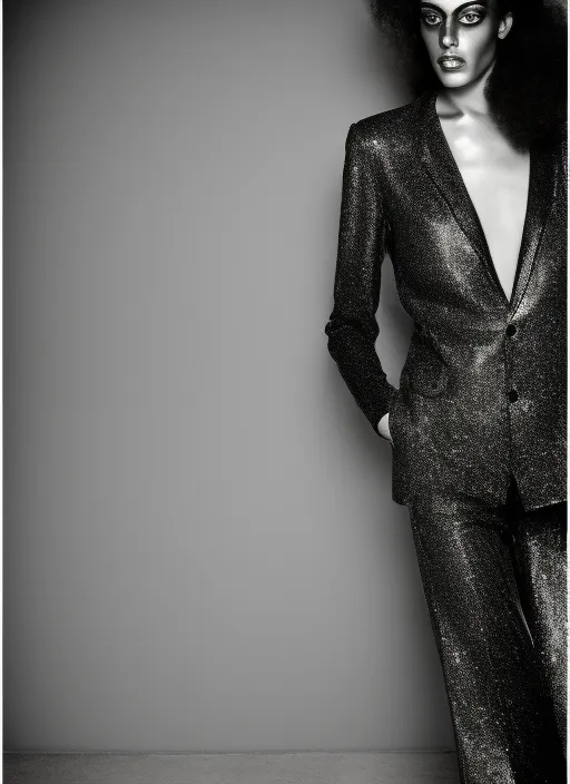 a gorgeous Colombian fashion model wearing a silver glitter blazer and wide leg pants outfit, standing in Rue Aubriot in 1975, in the style of Helmut Newton at night, ultra detailed face and ultra detailed eyes with long eyelashes
