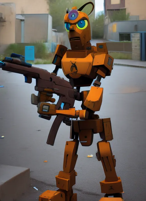 A powerful scooby-doo robot, with a single large gun and two machine guns, stands guard with a menacing presence.