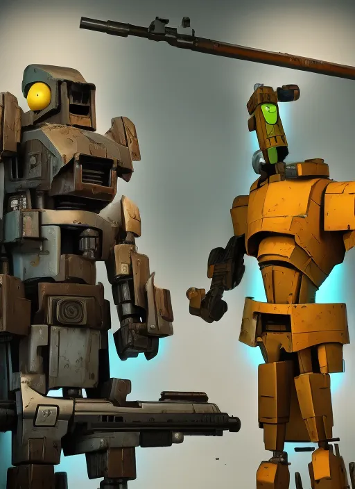 A powerful scooby-doo robot, with a single large gun and two machine guns, stands guard with a menacing presence.