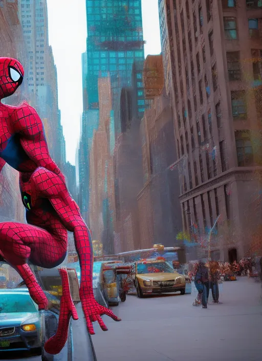 Encounter of Scooby-Doo and Spider-Man on 5th Avenue in New York