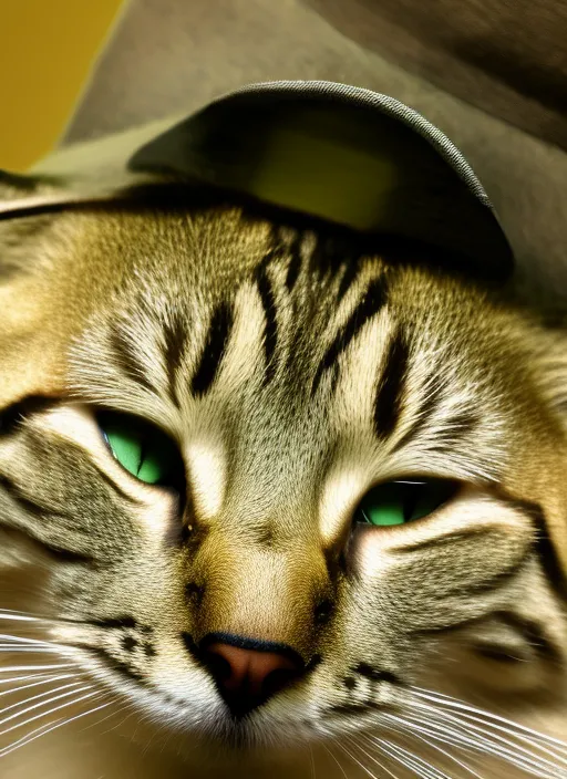 The cat sits under a hat - panama. Only the cat's eyes and tail are visible from under the hat.

