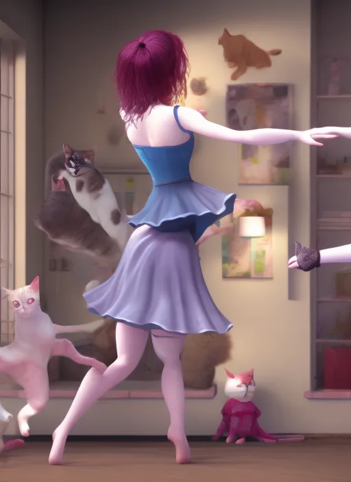 Josie and cats dancing, realist, UHd, 4K