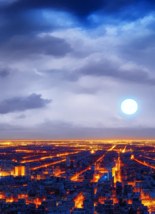 The sky is a dark blue, with a cool white light shining down on the cityscape. The sun is a cartoon character, and the clouds are electric blue