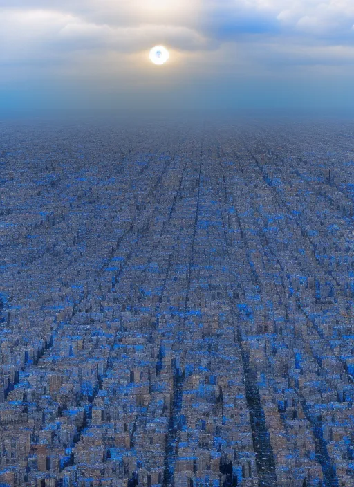 The sky is a dark blue, with a cool white light shining down on the cityscape. The sun is a cartoon character, and the clouds are electric blue
