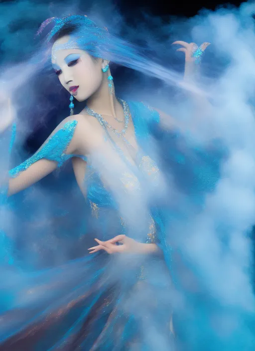 dancing oriental beauty in magical blue smoke