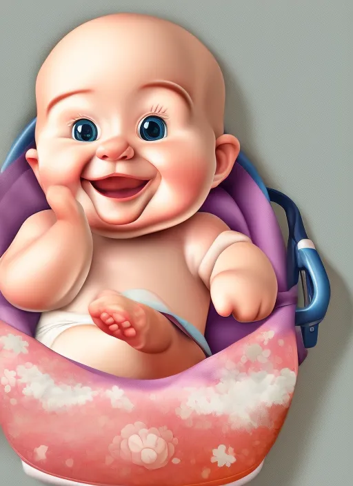 cheerful baby, smiling, very cute. sits in a stroller.Realistic, highly detailed, in the realistic  style

