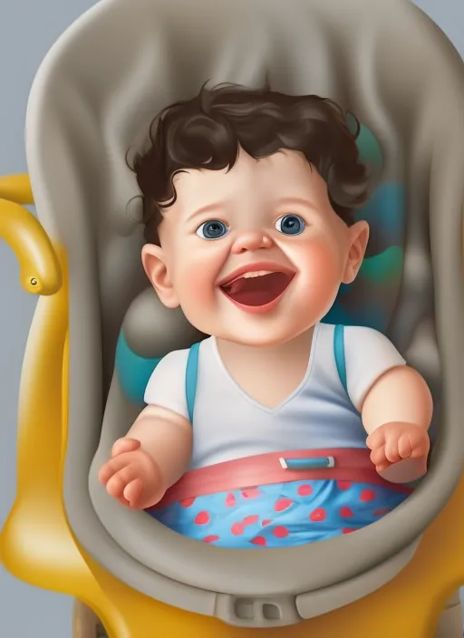 cheerful baby, smiling, very cute. sits in a stroller.Realistic, highly detailed, in the realistic  style

