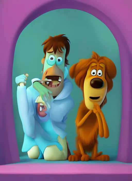 A beautiful photo of Scooby-Doo and Shaggy being scared by a ghost, pixar art style,
