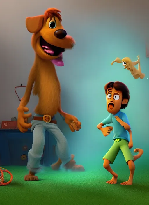 A beautiful photo of Scooby-Doo and Shaggy being scared by a ghost, pixar art style,
