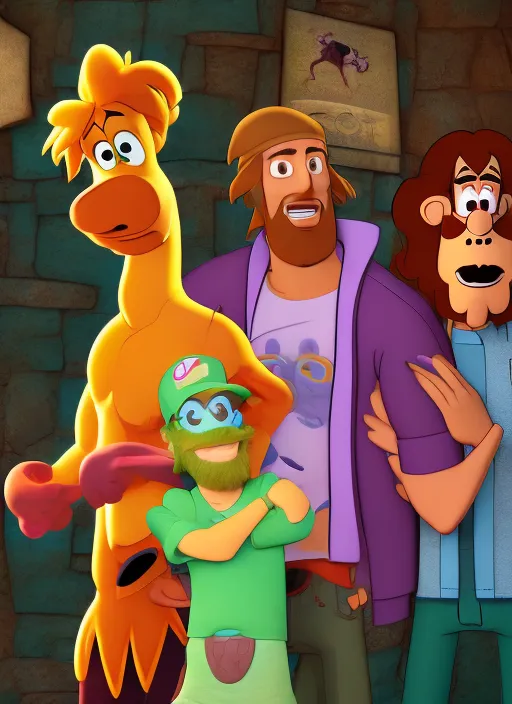 A  photo of Scooby-Doo and Shaggy being with a translucid ghost behind them