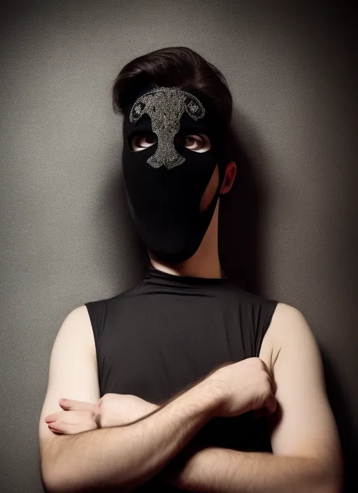 Guy in the black evening dress  wearing a vendetta mask stayingin a very dark room