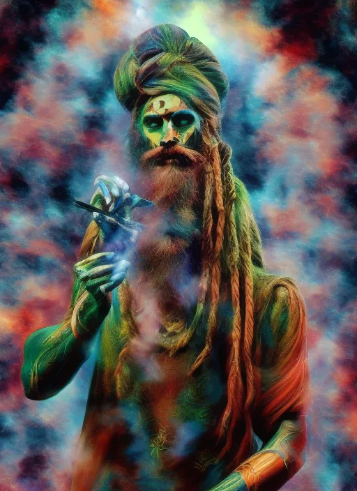 Andromeda Galaxy background. Pretty aghori smoking a ganja chillum and gazing into space. 