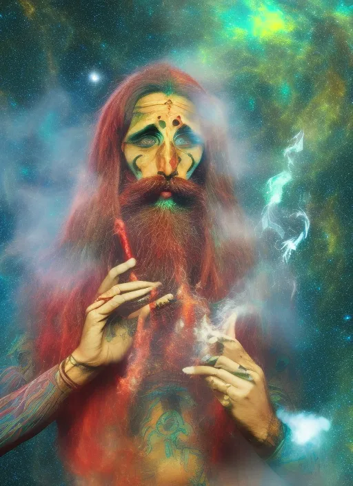 Andromeda Galaxy background. Pretty aghori smoking a ganja chillum and gazing into space. 
