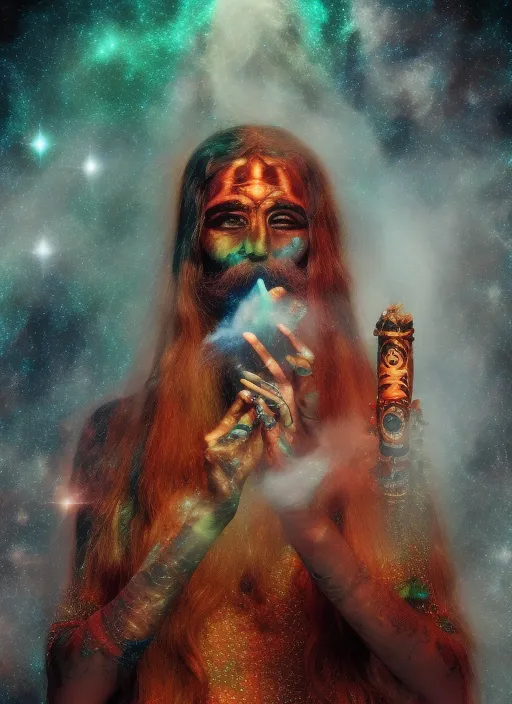 Andromeda Galaxy background. Pretty, female aghori smoking a ganja chillum and gazing into space. 