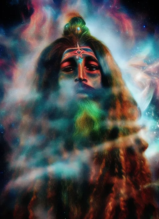 Andromeda Galaxy background. Pretty, female aghori smoking a ganja chillum and gazing into space. 