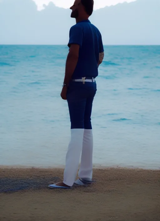 A man in blue shirt and white pants standing near beach becoms batman