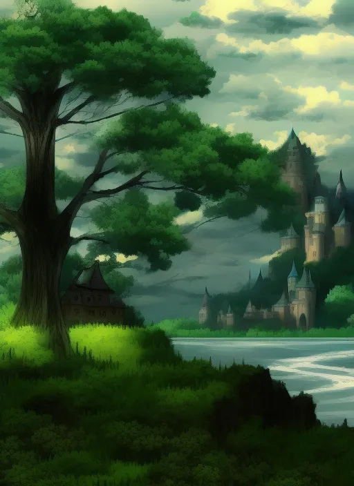 a castle near beautiful forest and wide river. thunderstorm. anime
