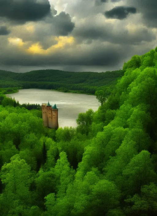 a castle near beautiful forest and wide river. thunderstorm. photo