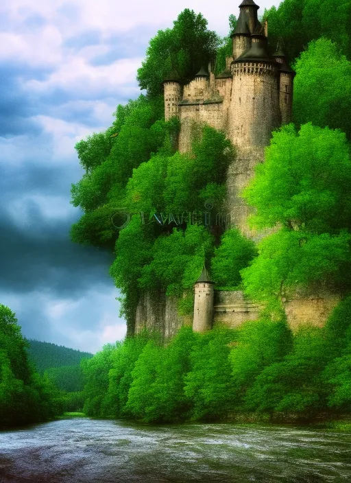 a castle near beautiful forest and wide river. thunderstorm. photo
