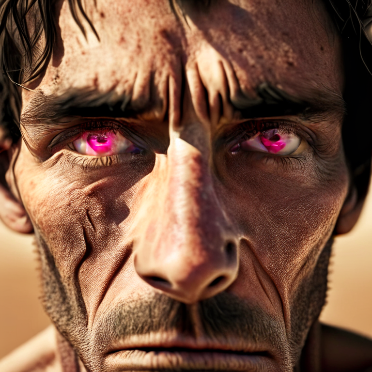 a close-up of a man's face in the barren desert during the day, with a sad expression
