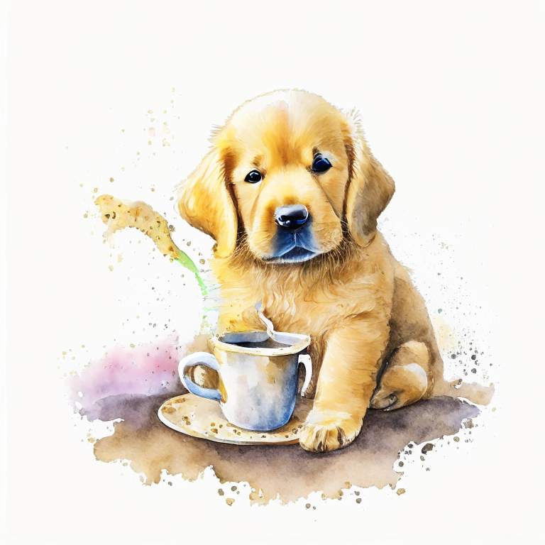 a golden retriever puppy drinking a latte with heart-shaped art, painted in watercolor