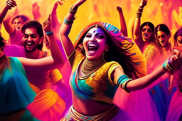 a group of people cheering in the background of a Bollywood dance performance, with vibrant colors and energetic dancers