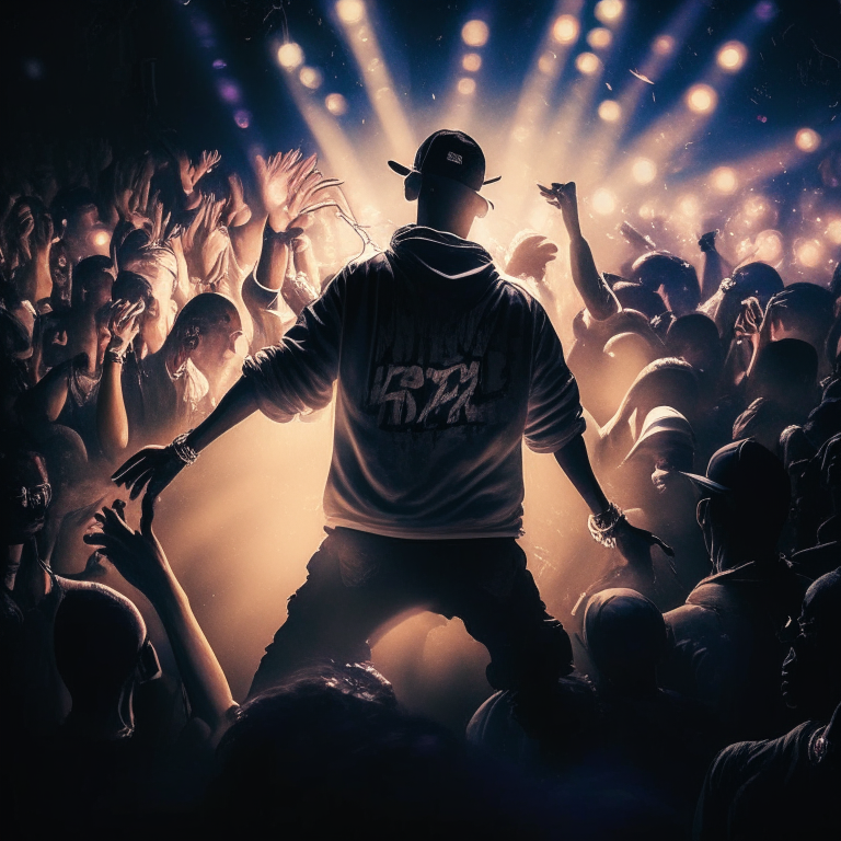 a hip hop dancer in a club, surrounded by flashing lights and a crowd of people