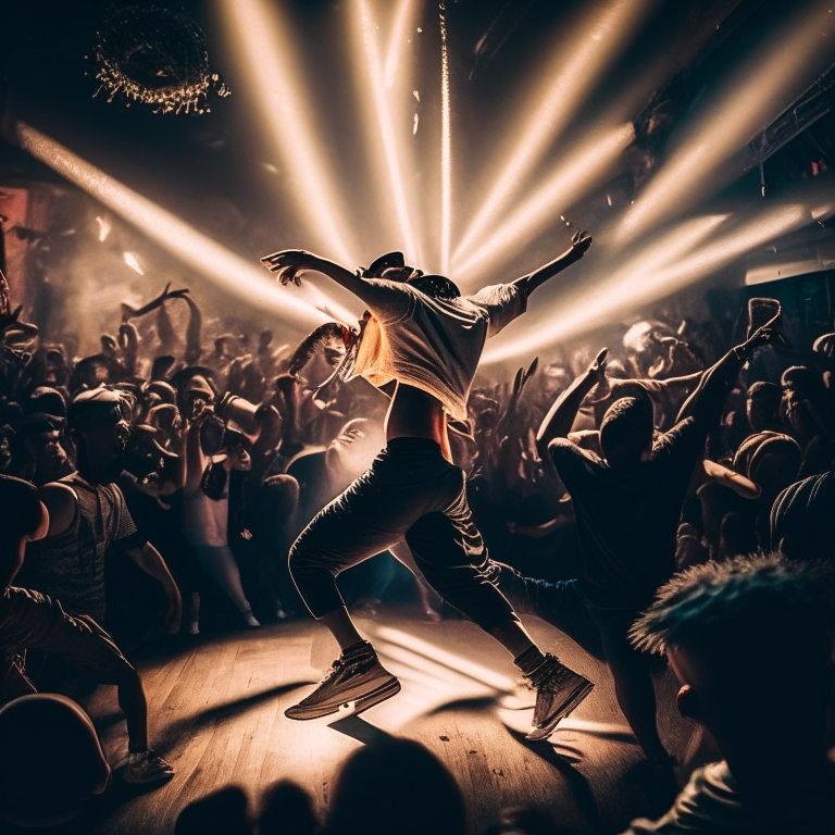 a hip hop dancer doing a windmill in a club, surrounded by flashing lights and a crowd of people