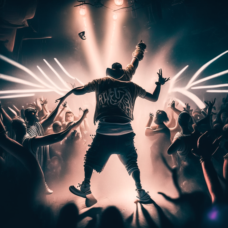 a hip hop dancer doing a windmill in a club, surrounded by flashing lights and a crowd of people