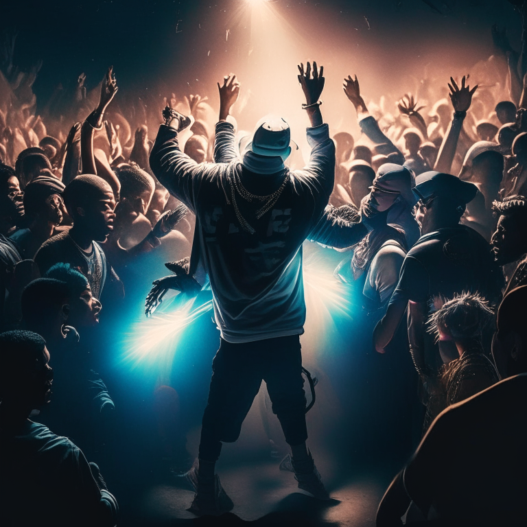 a hip hop dancer in a club, surrounded by flashing lights and a crowd of people
