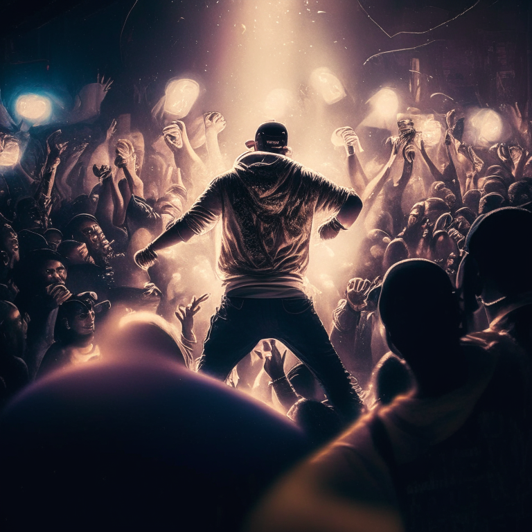 a hip hop dancer in a club, surrounded by flashing lights and a crowd of people