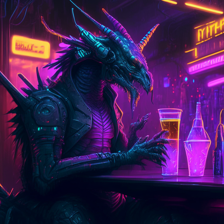 a cyberpunk dragonoid sitting at a bar with a drink, surrounded by neon lights and futuristic technology