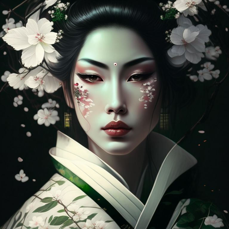 a photorealistic digital artwork of a Geisha with white, green and black colors, surrounded by cherry blossoms. The artwork has perfect composition, intricate details, and a golden ratio. The lighting is soft and natural, with chiaroscuro. The artwork is a masterpiece, with white eyes, and is trending on art websites like ArtStation and CGSociety. The artwork is inspired by the styles of H.R. Giger, Beksinski, and Greg Rutkowski, and is rendered in Octane Render at 8K resolution.